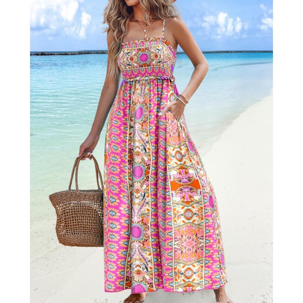Women's  Summer Fashion Printed Backless Strapless Maxi Suspender Dress for Vacation