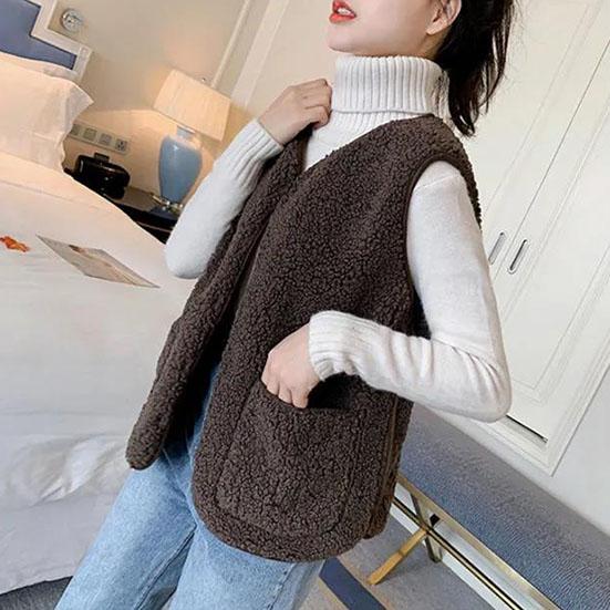 

Женский зимний короткий жилет из овечьей шерсти, винтажный теплый хлопковый пиджак без рукавов, женский повседневный жилет большого размера XL коричневый