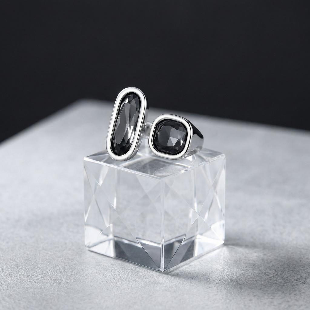 Silver Color Geometric Open Ring for Women Black Glass Acrylic Rings Minimalist Party Jewelry Lady Gift Adjustable