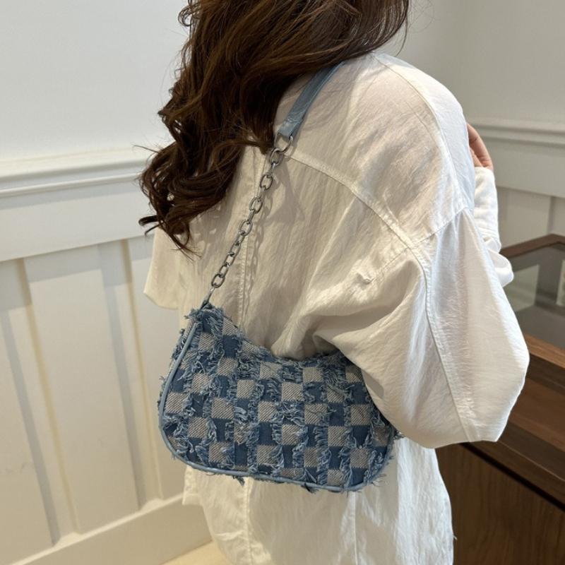 Trendy Star Print Hobo Bag with Frayed Trim Silver Chain Underarm Bag Leather Strap Casual Shoulder Purse Y2K Style Handbag