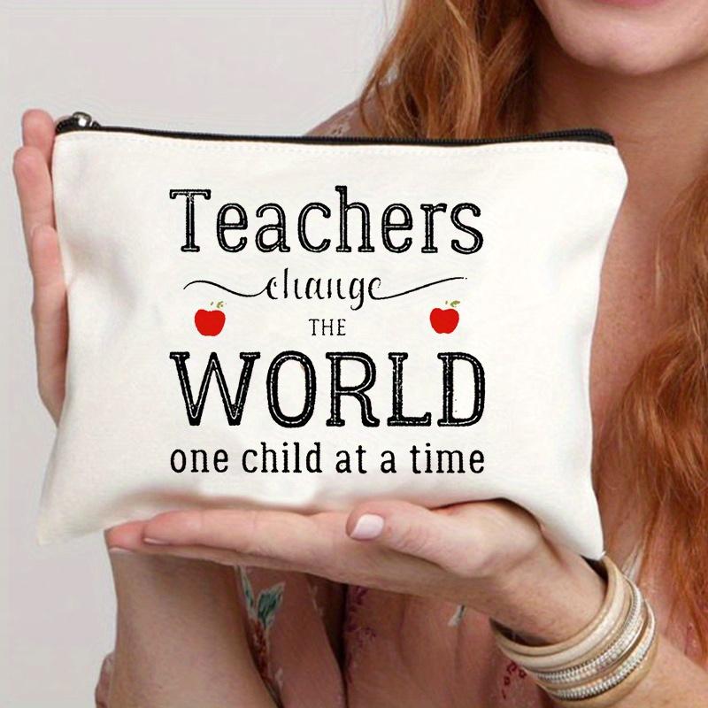Simple Teacher Change The World Pattern Print Makeup Bag, Women Handhold Bag Travel Cosmetics Storage Pouch Bag Toiletry Bag, Gift For Teacher