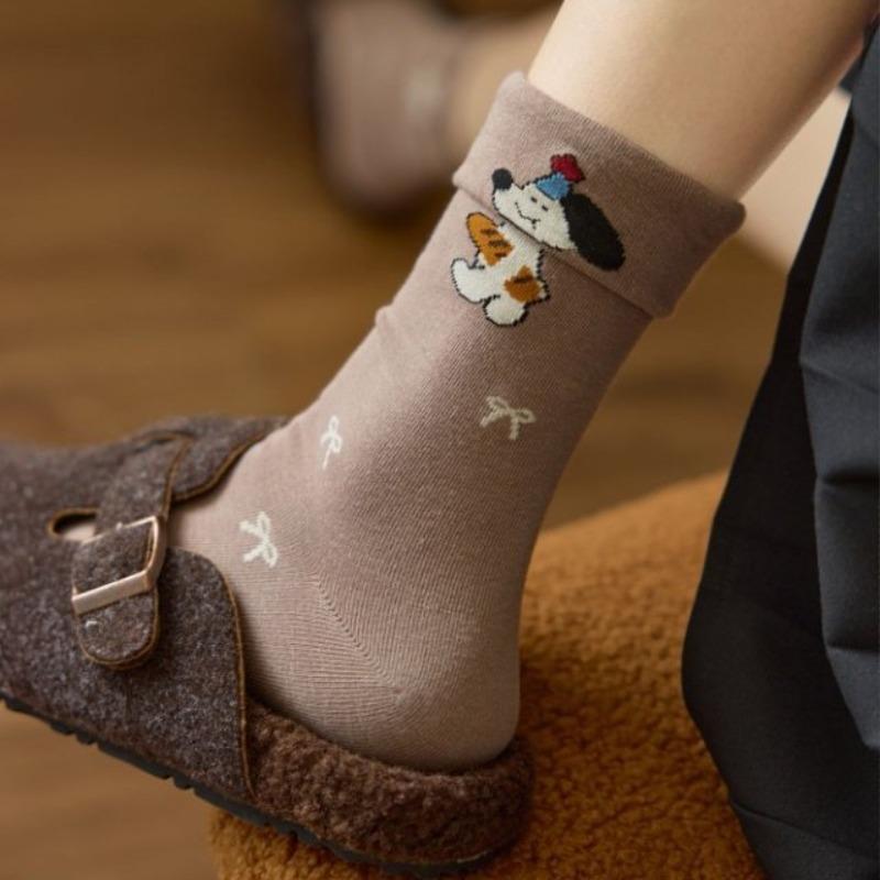 Cute Flanged Socks for Girls, Sweet Bow Mid-calf Socks, Versatile for Autumn and Winter, Cartoon Striped Student Pile Socks