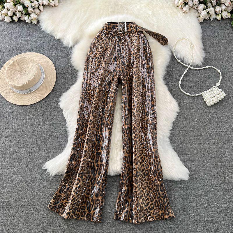 

K-style High Waist Zebra Stripes Casual Mop Extra Long Pants Brown leopard print L