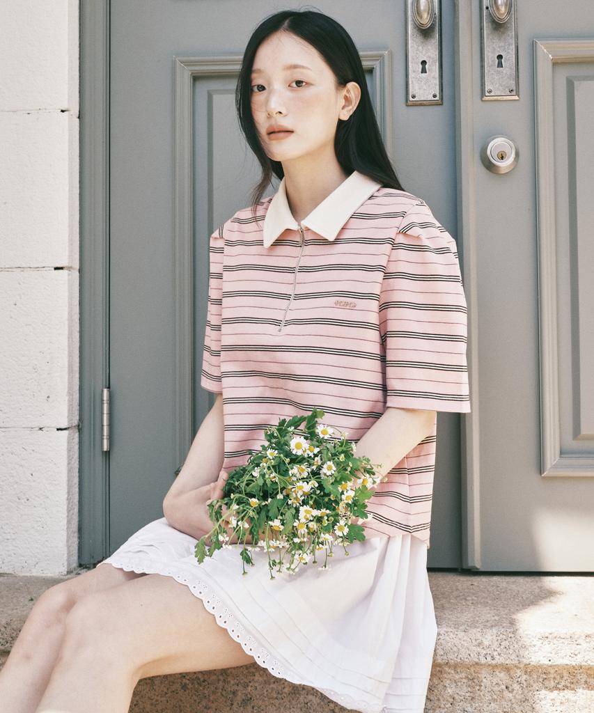 ROIROI Volume Sleeve Striped Collared Short Sleeve Tee - Pink