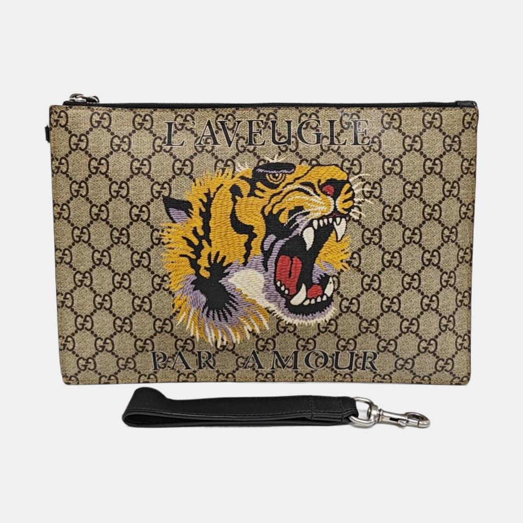 [Pre-Owned] Tiger Head Print Logo Wristband Canvas And Leather Clutch - Very Good #1QO79Y4
