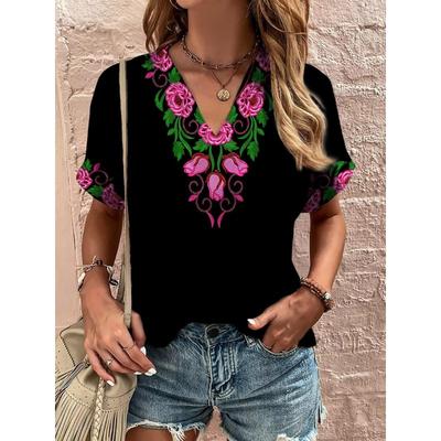Vintage Damska Koszulka Etniczny Nadruk Harajuku Letnia Outdoor Codzienna Dekolt V Krótki Rękaw Pulower Top Luźny Oversize Ubranie