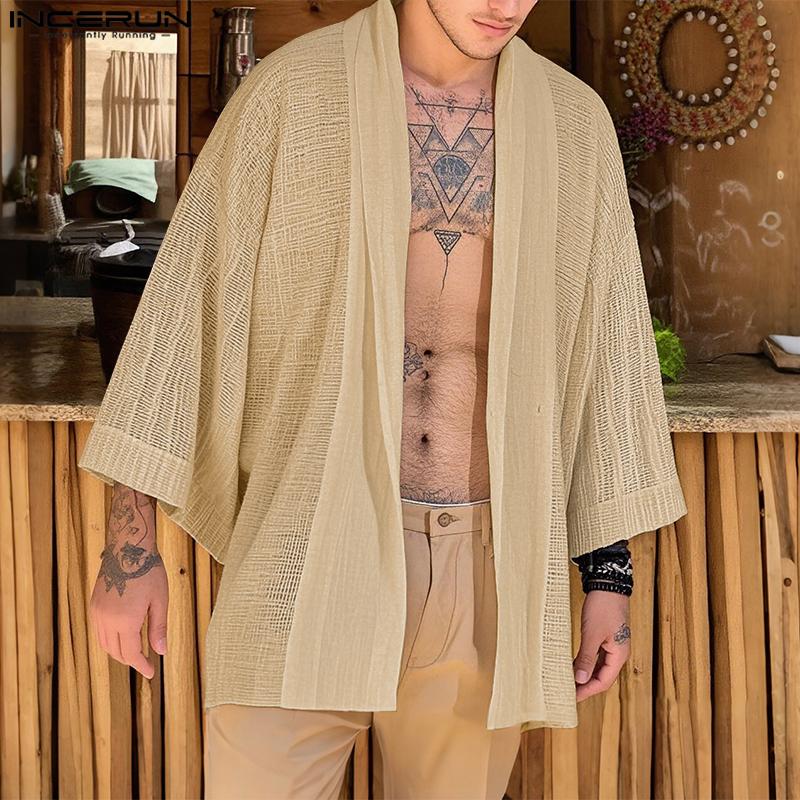 

INCERUN Oversized Men 3/4 Sleeve Open Front Casual Cotton Linen Tops Shirts XL абрикосовий