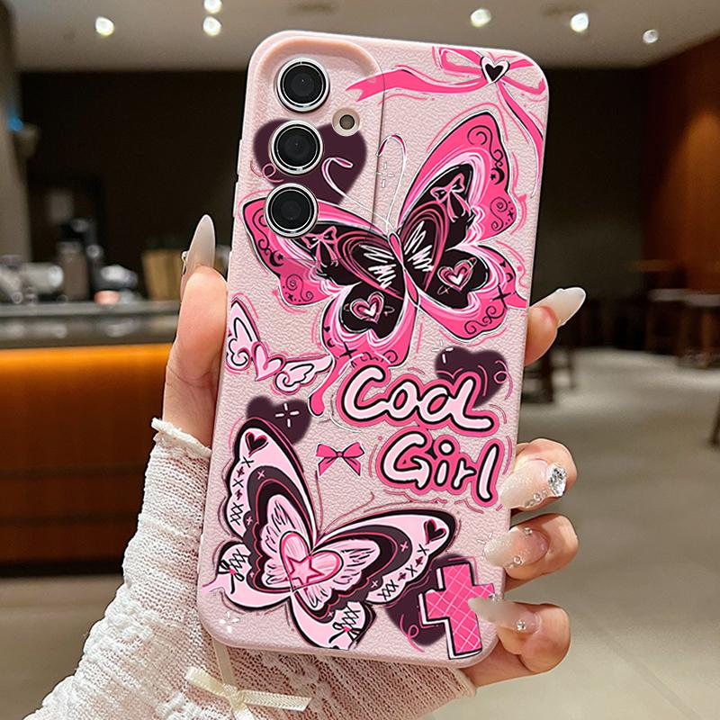 Cool Girl Butterfly Painting Case For Samsung S26 S25 S24 Ultra S23 S22 S21 FE A15 A16 A17 A26 A35 A36 A37 A54 A55 A56 A57 5G Leather Texture Cover