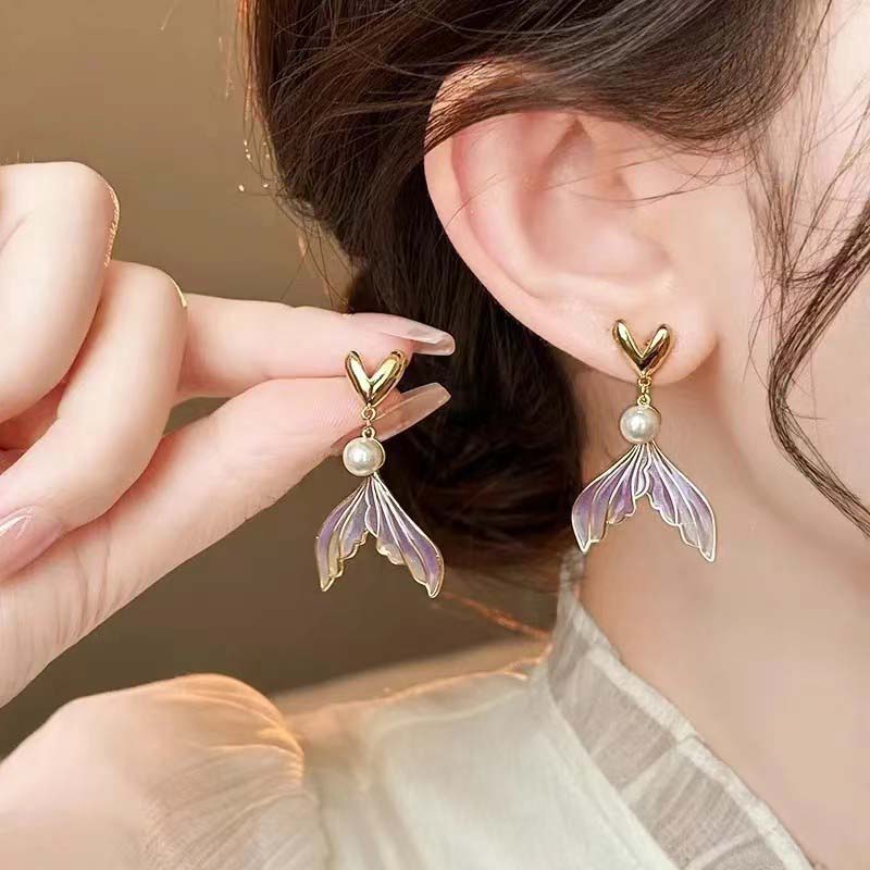 2024 New Fashion Gradient Fishtail Pearl Drop Earrings for Women Elegant Sweet Long Asymmetry Temperament Earrings Zircon