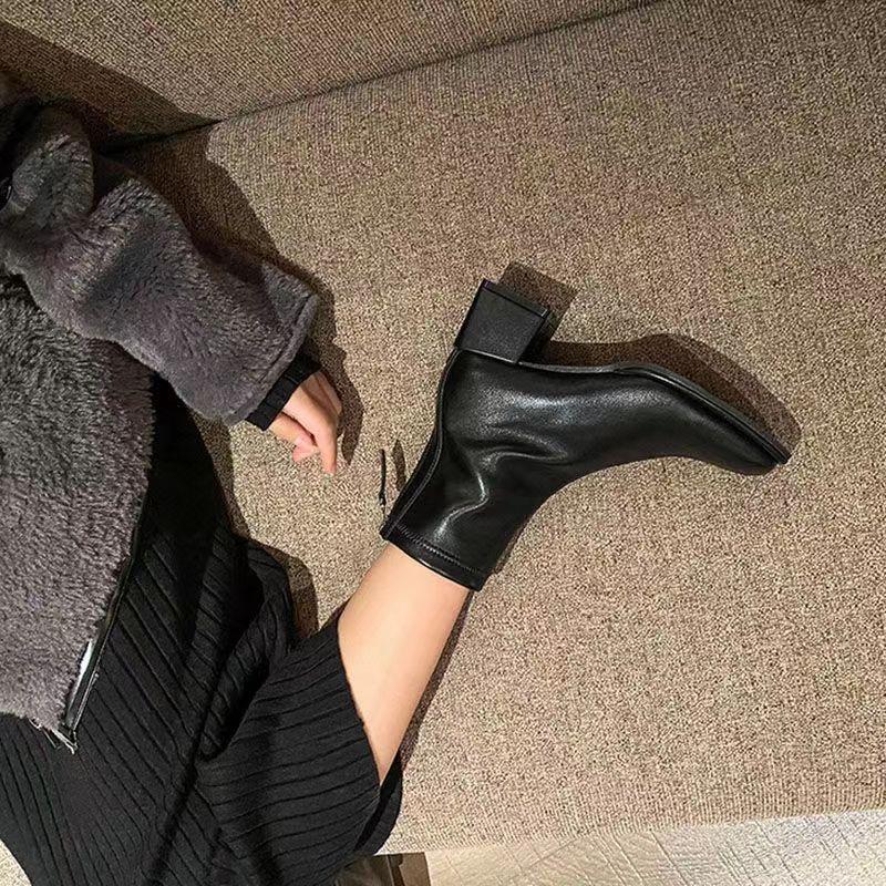 Fashion Square Toe Soft Leather Autumn Winter Female Short Shoes Elegant with Medium Heels Women's Ankle Boots Trend 2025 New in Booties