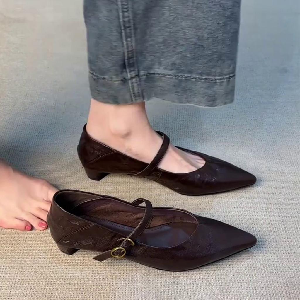 Sheepskin Version~ Pointed French Temperament Elegant and Fashionable Summer Versatile Thick Heel with Daily Commuting Women's Single Shoes