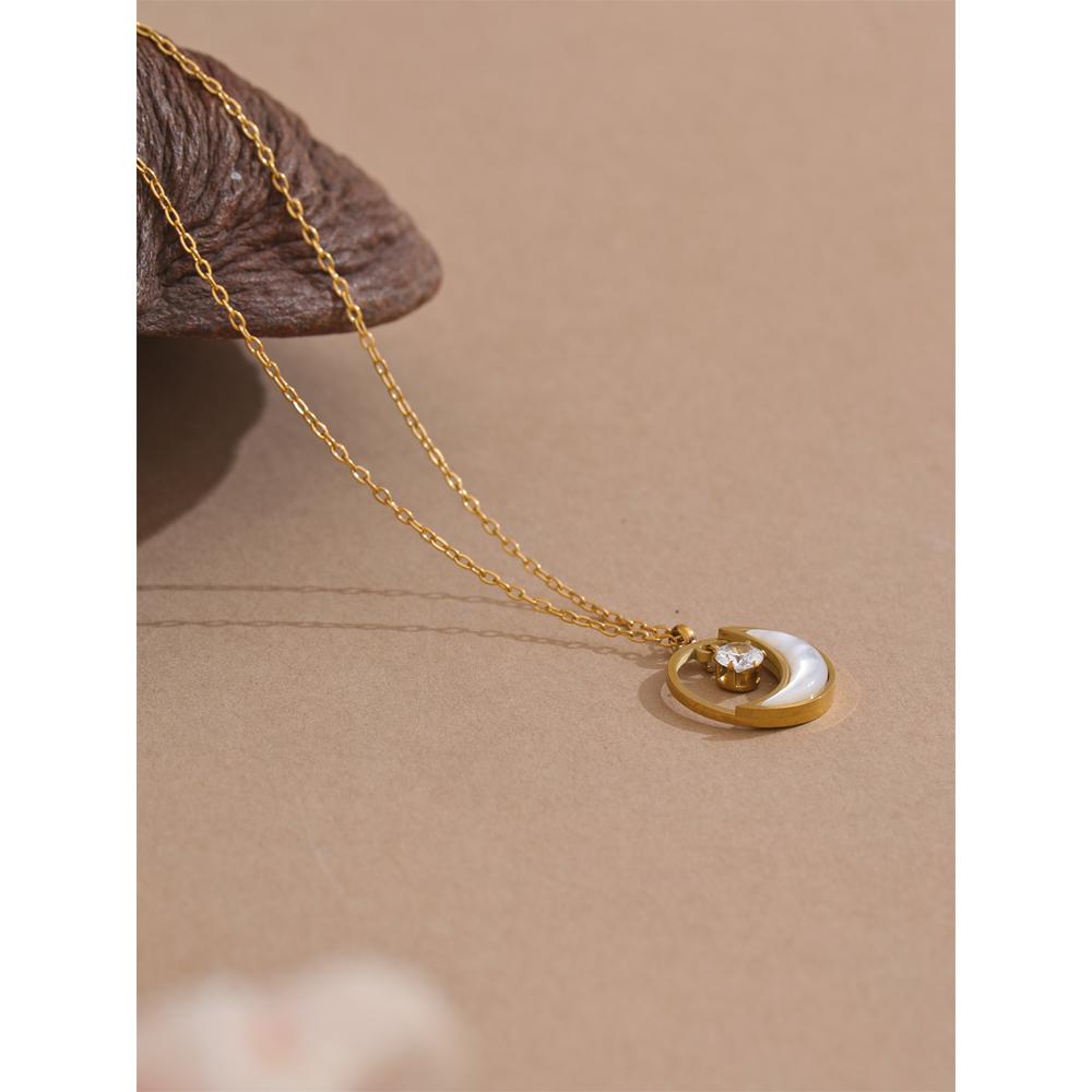 Yhpup Natural Shell Zirconia Moon Round Chic Pendant Necklace Korean Style Daily Jewelry Waterproof Accessories Gift