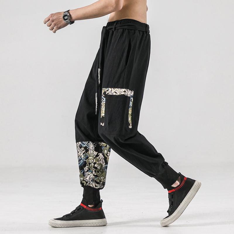 Autumn Men Linen Harem Pants Mens Vintage Chinese Style Trousers Man Streetwear Pants Male Print Crotch Pant
