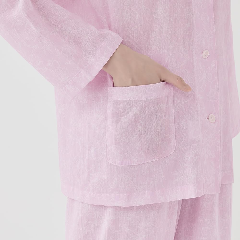 Gunze Long Sleeve Pajamas with Elastic Sleeve and Leg No Side Natural Willow Sax Women's Holes, Seams, Fabric,
