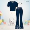 Girls Navy Blue Round Neck Short Sleeve Printed Top Flared Pants Two Piece Set