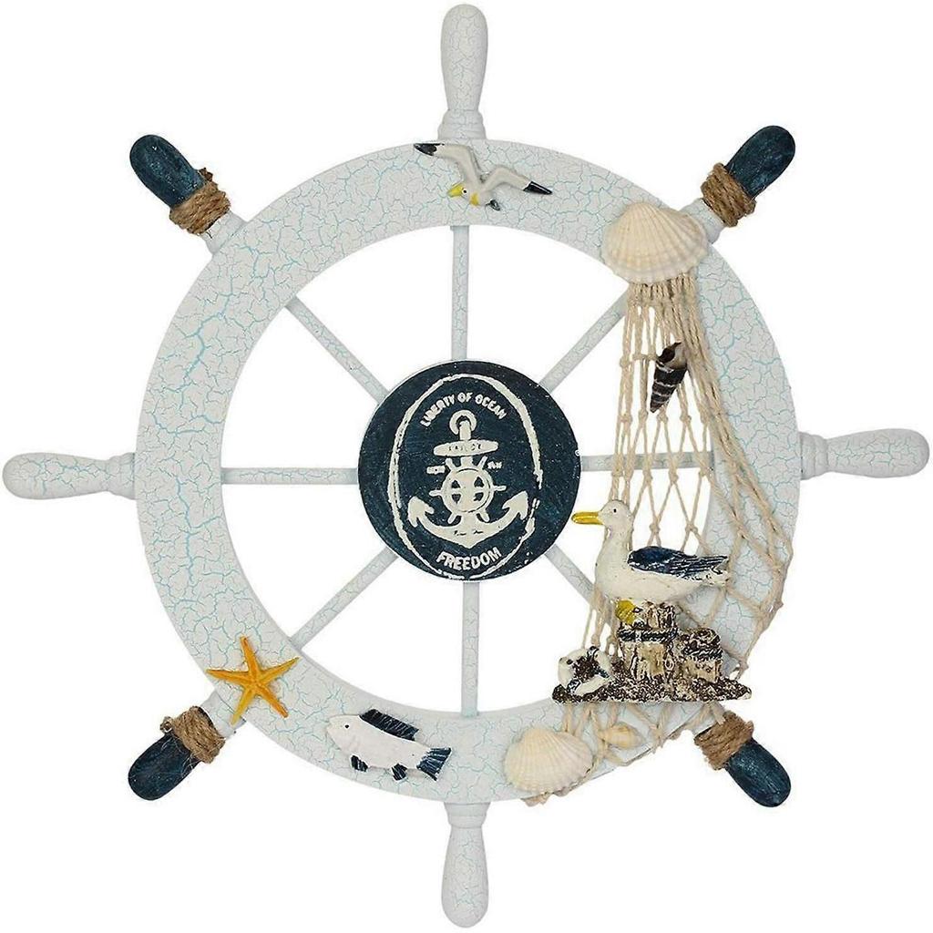 28CM Wooden Ship Wheel with Rope Nautical Steering Wheel Helm Wall Decor Door Hanging Ornament