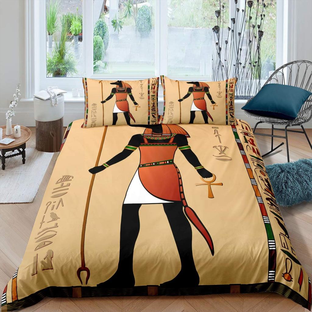 Ancient Egypt Duvet Cover Set Egyptian Symbol Bedding Set Vintage Pharaoh Pyramid Boho Tribal Polyester Quilt Cover 2/3pcs Queen