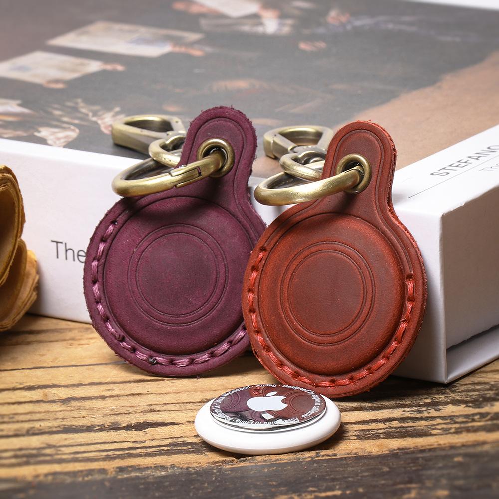 Applicable Apple Airtag Protective Case Cowhide Access Card Case Crazy Horse Leather Pet Anti-Lost Location Tracker Leather Case