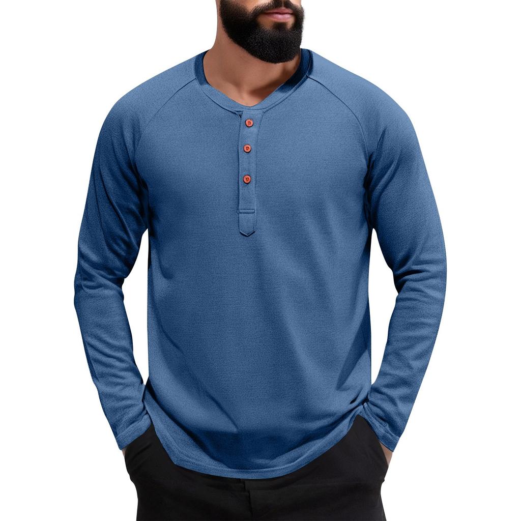 Men's Solid Color Slim-Fit Collar Button Casual Long-Sleeved Top