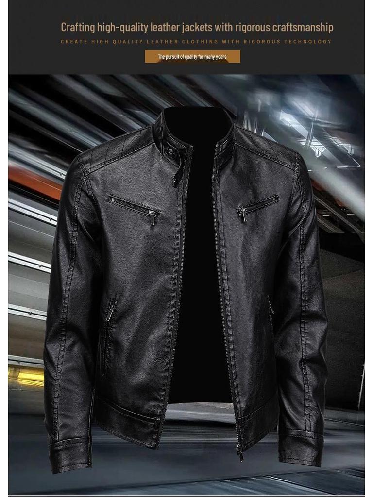 Men's Trendy American Stand-Collar Faux Leather Motorcycle Jacket with British and Korean Style
