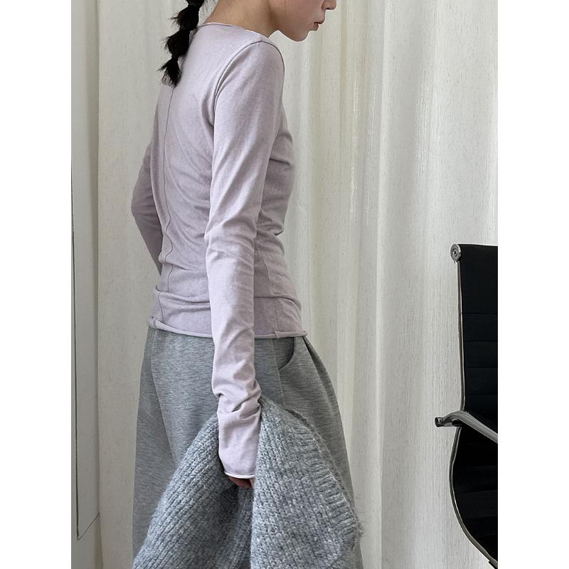 Luxi Korean Style Versatile Rolled Edge Round Neck Bottoming Shirt for Women Autumn New Long-sleeved Inner Slim Fit Top
