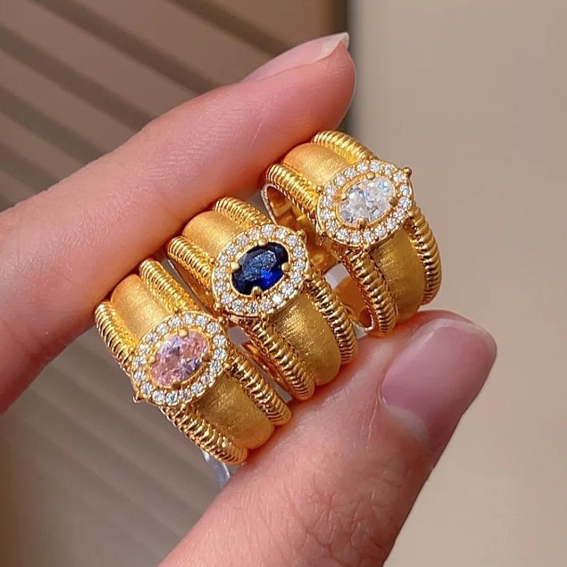 Medieval Brushed Pigeon Egg Ring Ball Edge Light Luxury Retro High Sense Court Style Diamond Open Ring Female