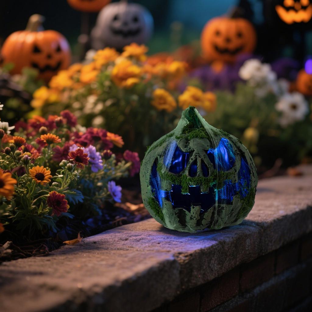Halloween Luminous Moss-Covered Pumpkin , 8.66 Inch Spooky Glowing - O - For Indoor Outdoor Halloween Decor