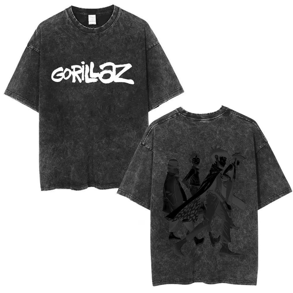 Washed Vintage Rock Band Gorillaz The Mountain Tour T Shirt Men Women Casual Oversized Tshirt Man Retro Rock Gothic Tshirt