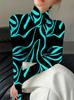 Women's zebra-patterned qipao collar slim-fit long-sleeve T-shirt, elegant long-sleeve base shirt for spring and autumn