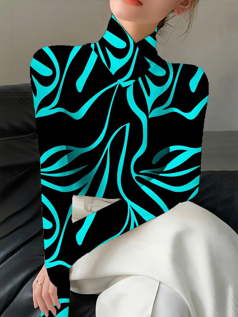 Women's zebra-patterned qipao collar slim-fit long-sleeve T-shirt, elegant long-sleeve base shirt for spring and autumn