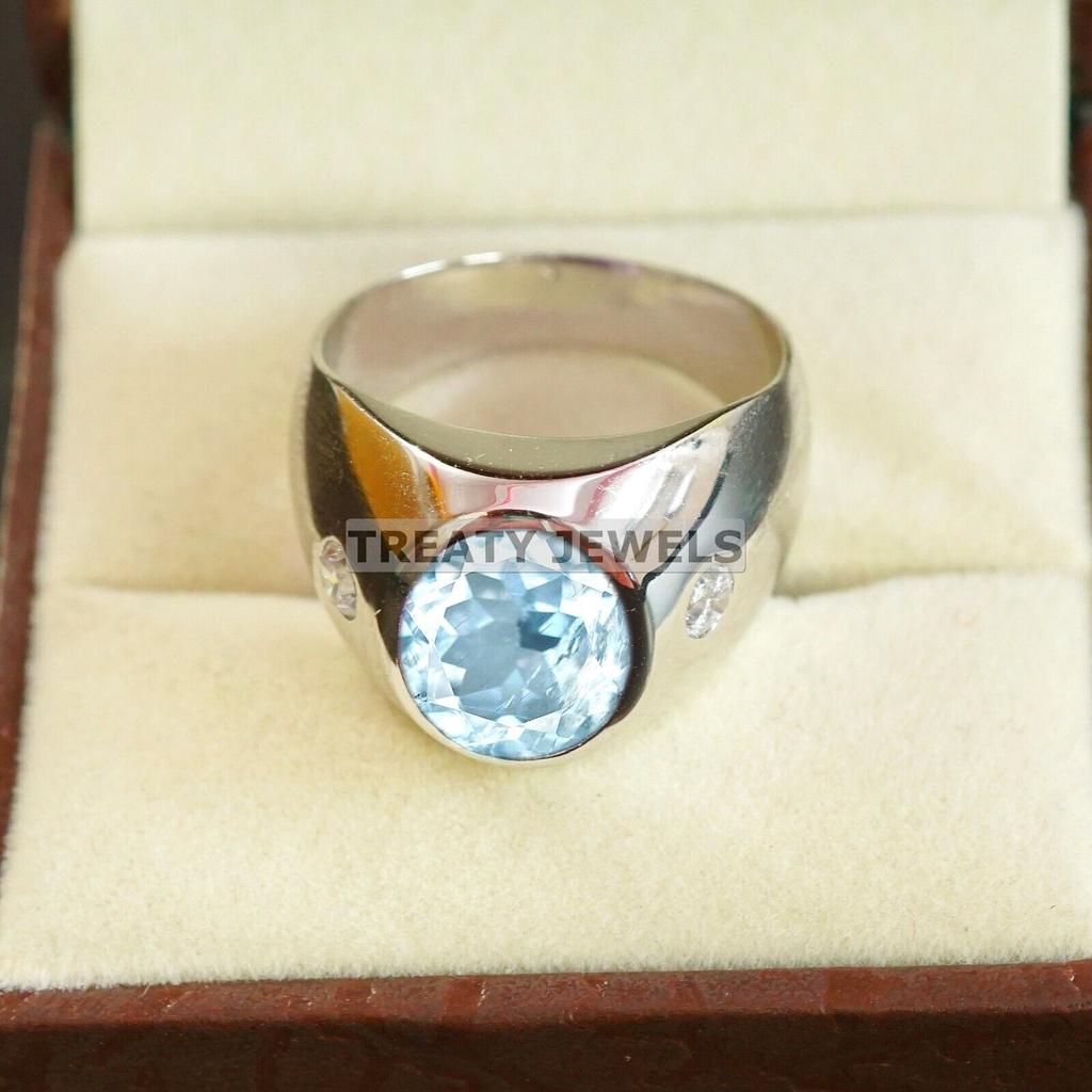 Aquamarine Oval Cut Gemstone With 925 Sterling Silver Ring For Men's #A735 JL375659036953