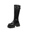 Motorcycle Boots Retro Belt Buckle Round Head High Waterproof Platform Zipper Long Womens Fashion Boots Brown Black Botas Mujer