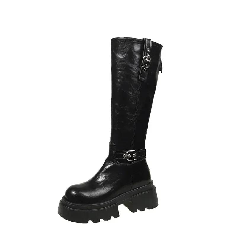 Motorcycle Boots Retro Belt Buckle Round Head High Waterproof Platform Zipper Long Womens Fashion Boots Brown Black Botas Mujer