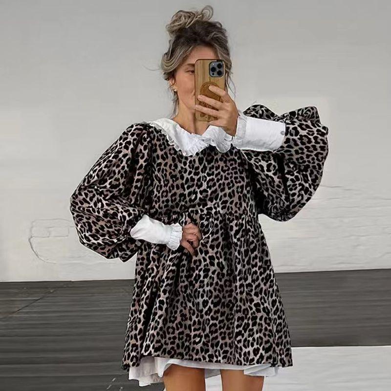 

Fashion Style New Arrival Leopard Print Puff Sleeves Patchwork Ruffled Silm Dress Leopard Print Dress Leopard print M