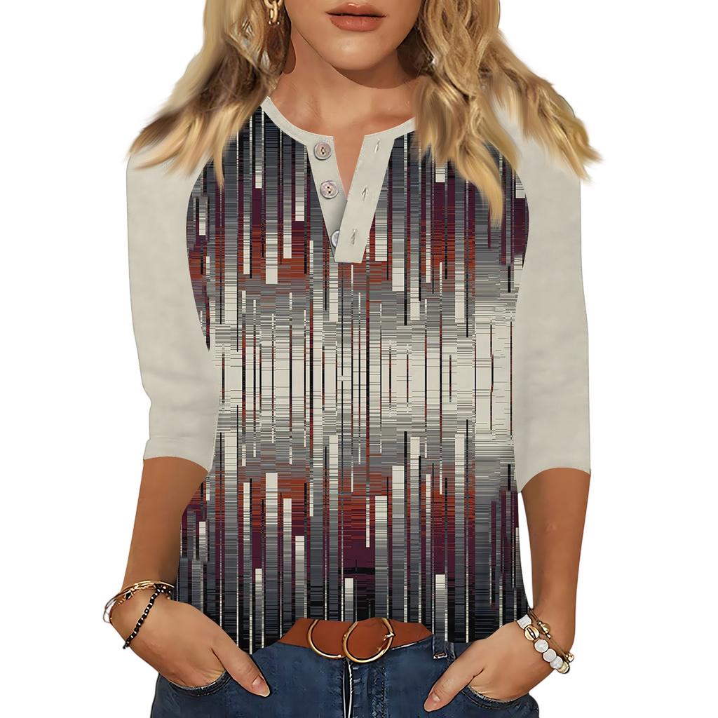 T-skjorte med trykkknapp for kvinner 3/4-ermet Daglig helgmote Basic V-hals vanlig topp