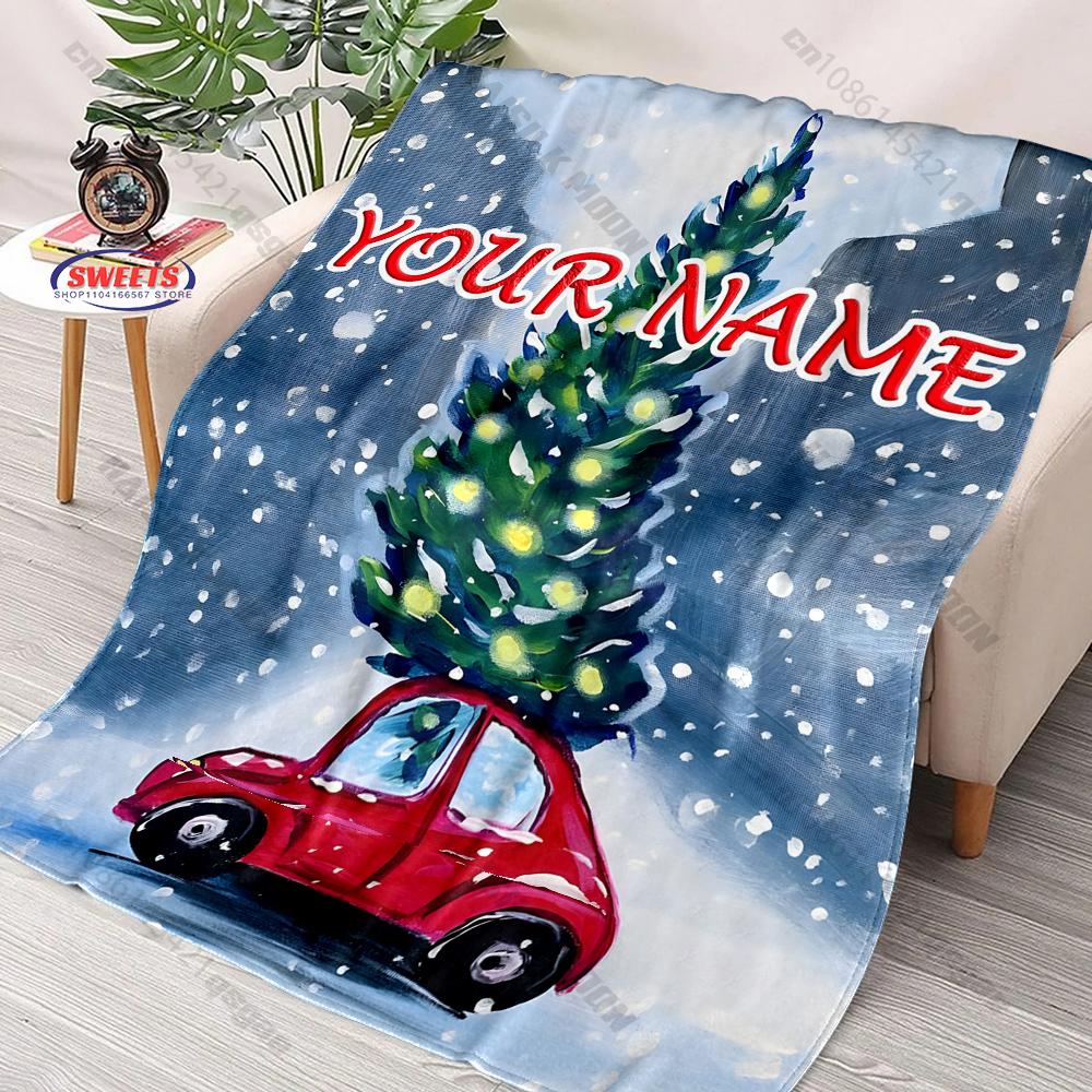 Custom Name Red Car Christmas Tree Blanket, Christmas Flannel Throw Blanket, Holiday Gift For Family