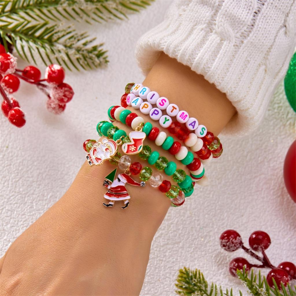 Christmas Crutch Star Santa Claus Deer Bell Snowflake Snowman Wreath Crystal Soft Clay Rice Beads Bracelet For Women Men Jewelry