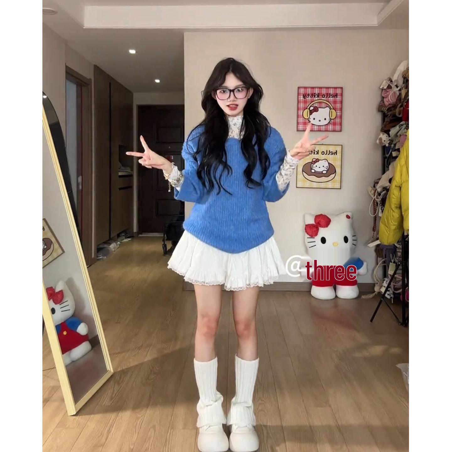

Korean Blue Winter Sweater & Mini Skirt Set for Women S (80-95 lbs)