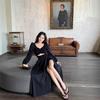 Autumn Dress V-neck Sexy Long-sleeved Dress Women's Waist A-word Split Medium and Long Dress Hollowed Out Black Temperament Skirt