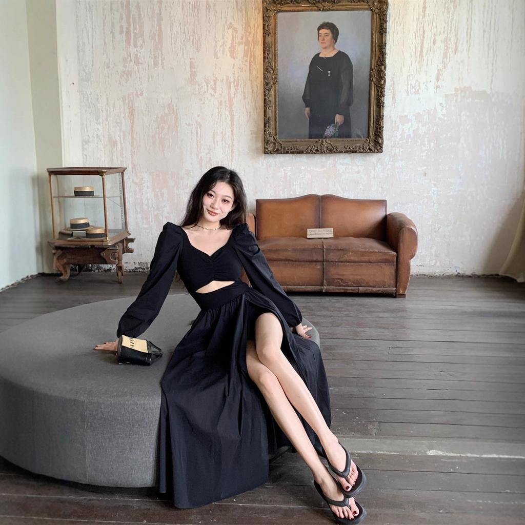 Autumn Dress V-neck Sexy Long-sleeved Dress Women's Waist A-word Split Medium and Long Dress Hollowed Out Black Temperament Skirt