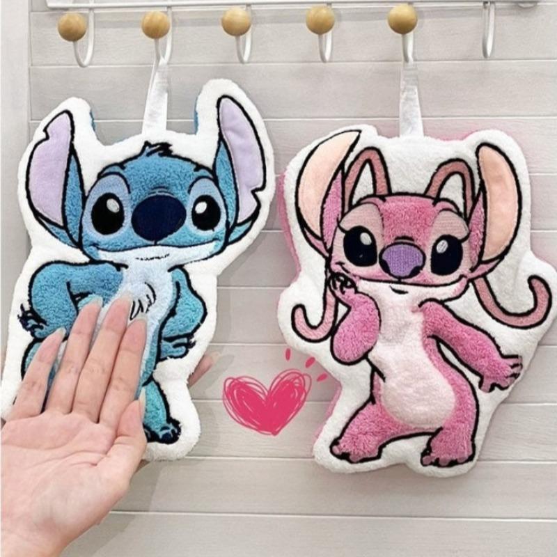 Disney Kawaii Stitch Angel Hanging Hand Towel Cartoon Cute Water Absorbent Coral Fleece Kitchen Quick Drying Shower Room Supplies
