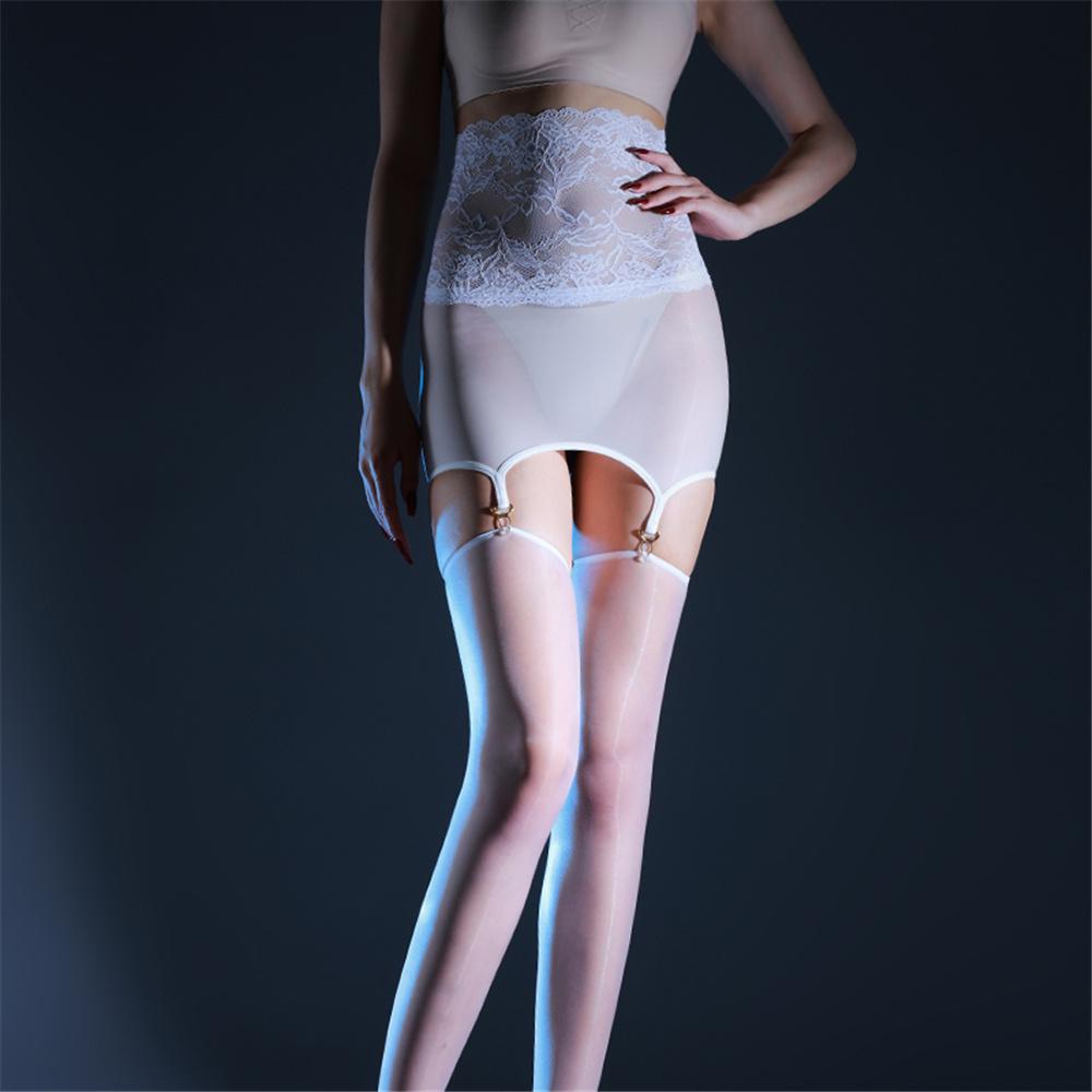 Sexy Women Lace Oil Glossy Shiny Micro Mini Skirt Sheer See Through Tight Pencil Elastic Maid Skirt With Garter Stocking