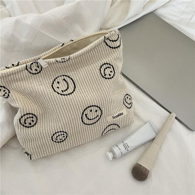 

Corduroy Polka Point Retro Smiley Face Storage Zipper Cosmetic Bag OneSize