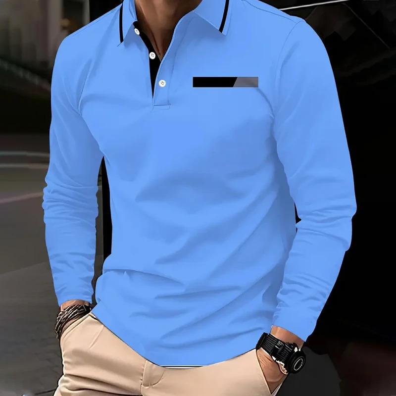 

2025 Summer Men s long-sleeved lapel casual polo shirt Breathable and comfortable shirt Solid polo shirt High-quality men s T-sh M синій