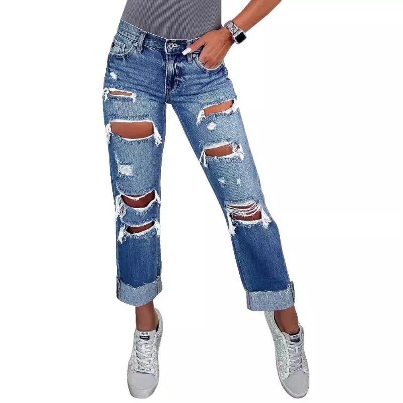 New Women's Ripped Jeans Pocket Skinny Straight Pants Trousers