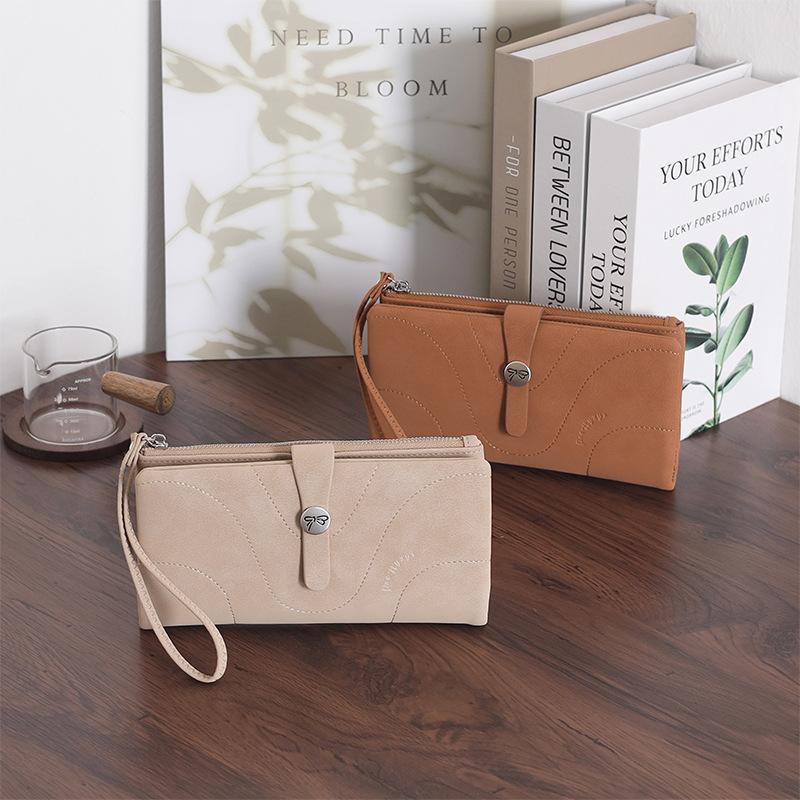 New women's long wallet, two fold, simple buckle solid color multi card handheld phone bag, zipper portable