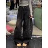 American Retro Rhinestone Jeans for Women Loose Fit Middle Waist Distressed Denim Pants with Flared Leg