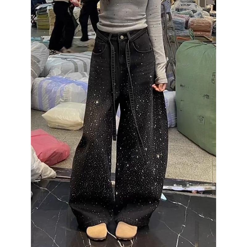 American Retro Rhinestone Jeans for Women Loose Fit Middle Waist Distressed Denim Pants with Flared Leg