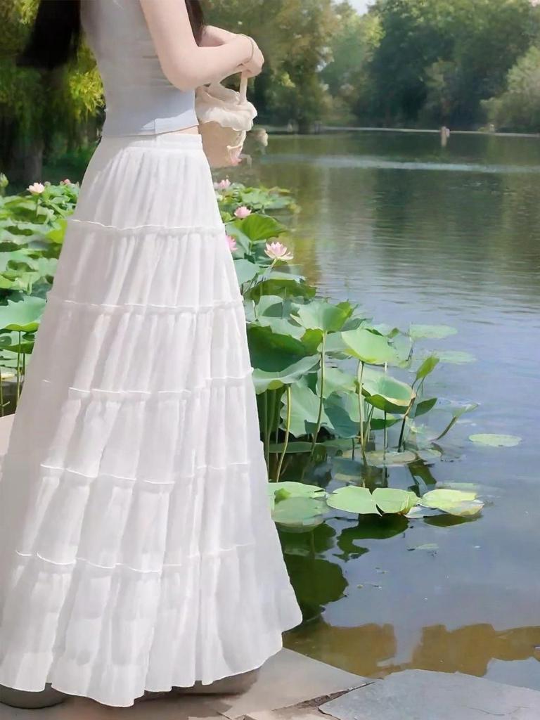 2026 Spring/Summer High-Waisted Slimming A-Line Pleated Skirt for Women - Gentle Sweet Cake Style, Hip-Covering and Long Length.