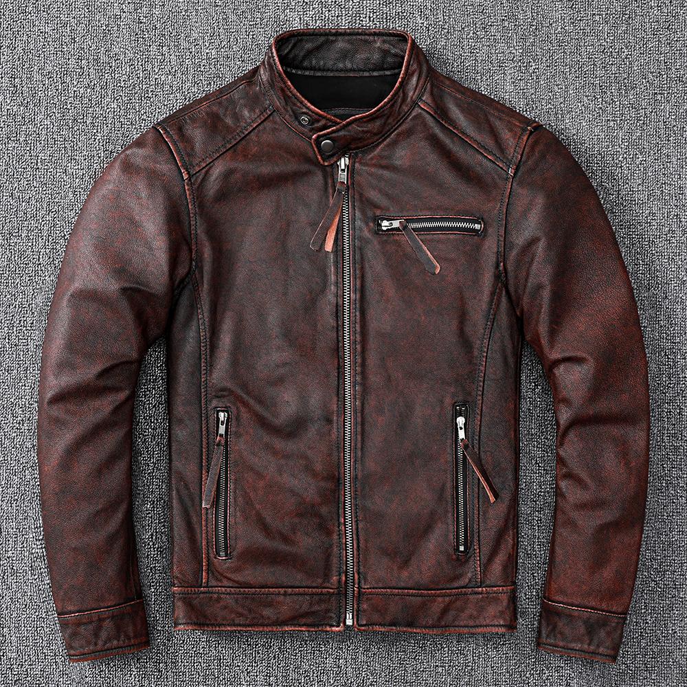 Vintage Brown Coat Classic Biker Style Short Slim Genuine Leather Jacket Men Casual Leather Coat Asian Size 6XL Autumn Wholesale